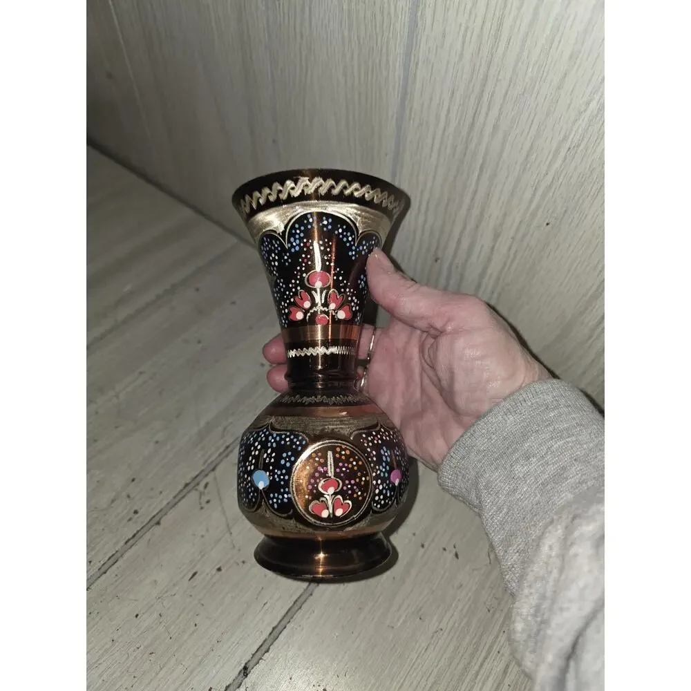 Vtg Handmade Ottoman Style MINAKARI Copper Enamel Vase Beautiful 7